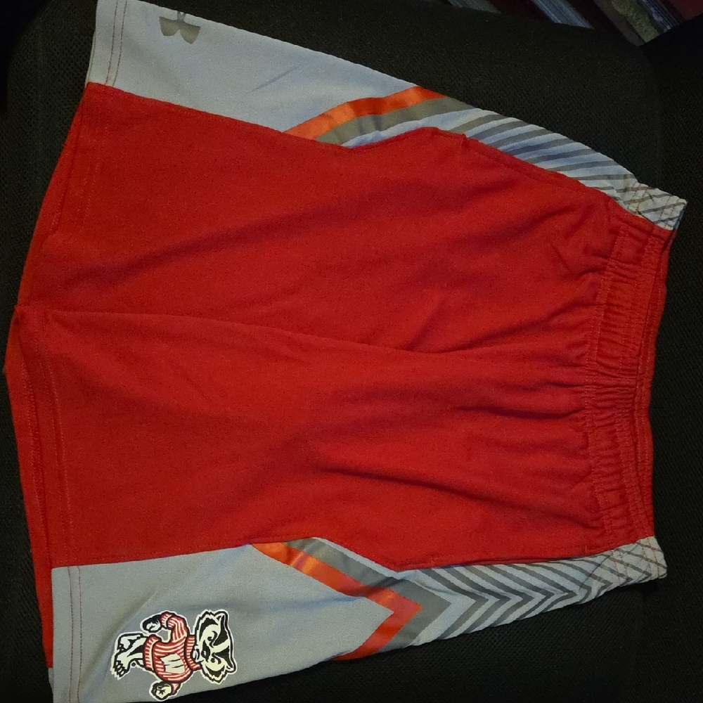 Under Armour Boys Red Athletic Shorts with Wisconsin Badger Logo